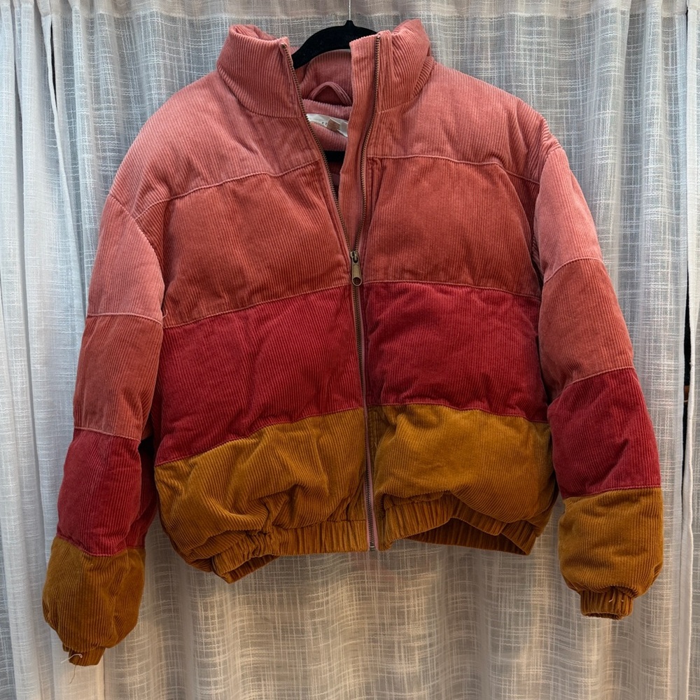 L Space - XL -Colorblock Corduroy Puffer Jacket -Pink, Rust, Red & Mustard